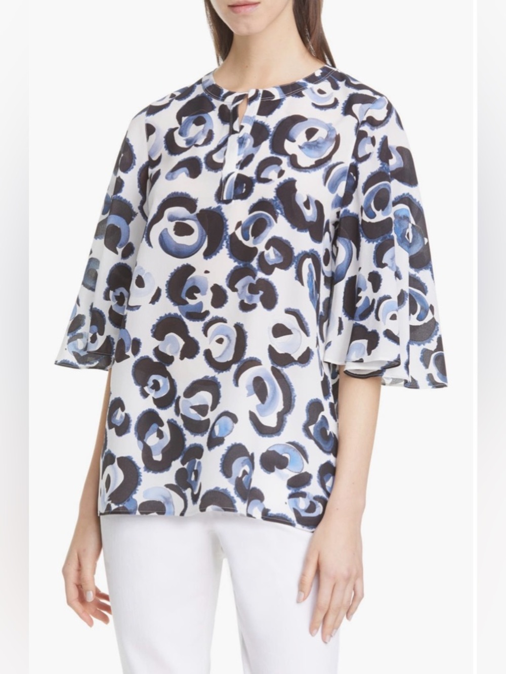 Lafayette 148 New York Barker Floral Print Flutter Sleeve Silk Top, Size Small